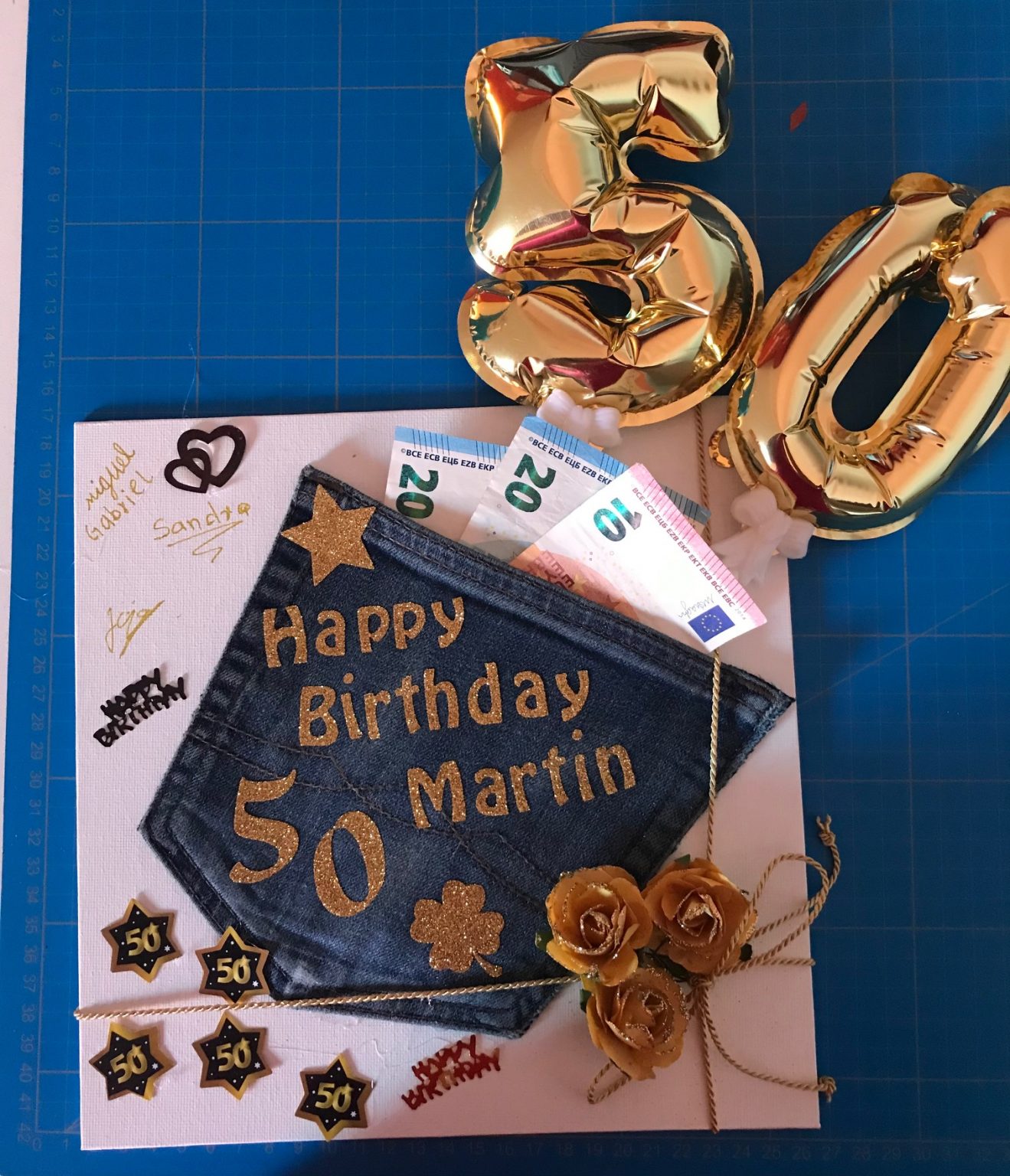 Geschenk aus einer alten Jeans zum 50. Geburtstag